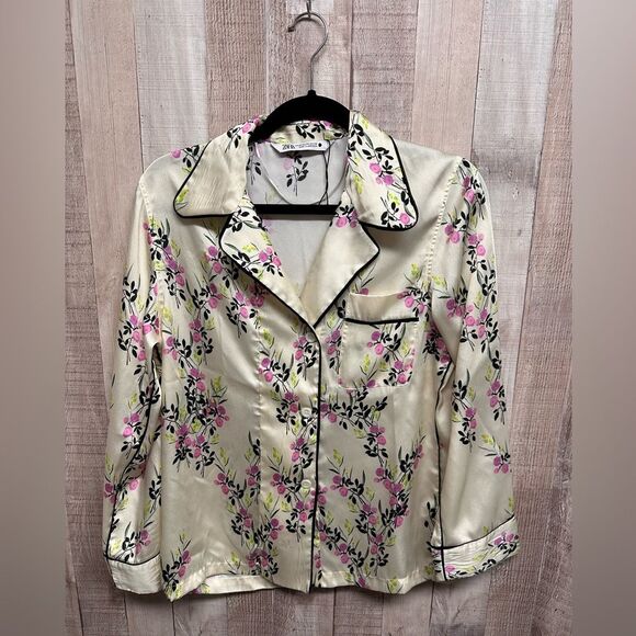 Zara Ecru printed piped floral button down shirt NWOT - Picture 3 of 14